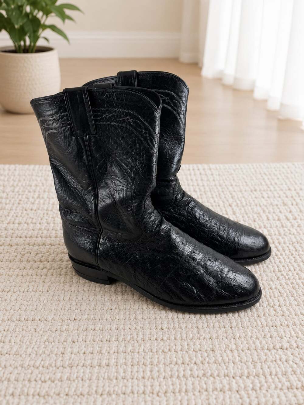 Justin J2528 Black Ostrich Skin Roper Cowboy Boots Men’s 10EE Western Leather